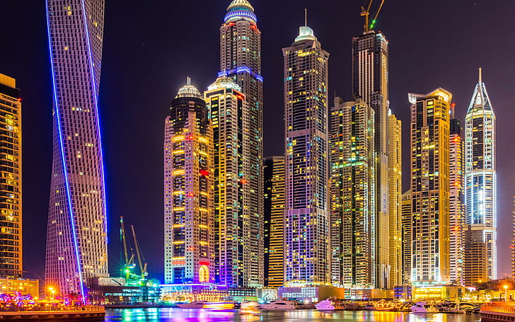 Dubai, city, arab emirates, Skyscrapers, building, Night, lights, HD wallpaper
