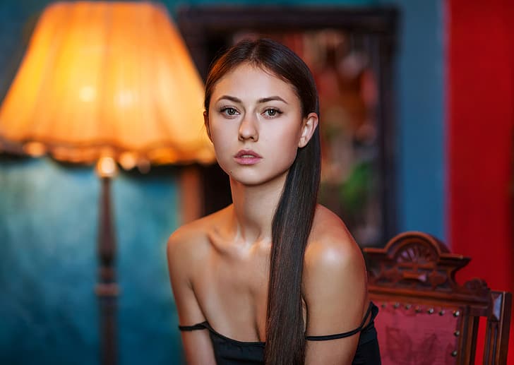 women, Catherine Timokhina, Maxim Maximov, long hair, chair, HD wallpaper