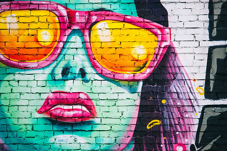 woman face wall painting, graffiti, glasses, blue, multi colored