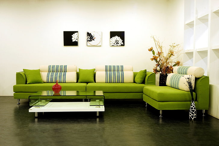 green sectional couch, interior, design, style, sofa, pillows, HD wallpaper