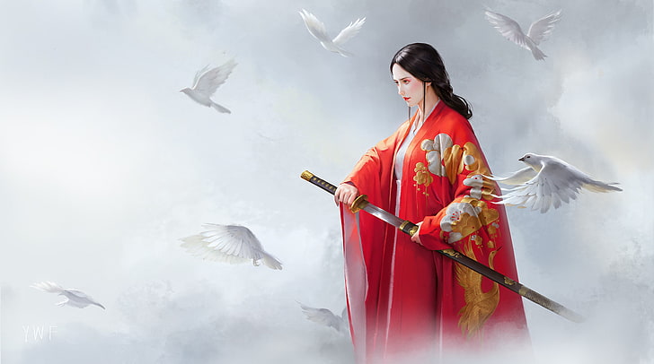 Wenfei  Ye, women, brunette, katana, hoods, birds, white background, HD wallpaper