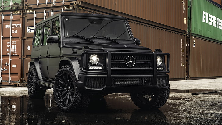 black Mercedes-Benz G-class SUV, container, tires, G63 AMG, ship container HD wallpaper