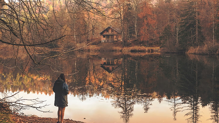 woman standing near body of water wallpaper, nature, house, trees