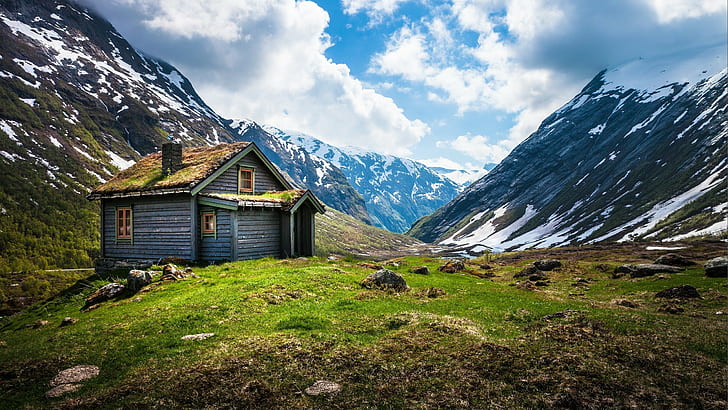 fjord, mountains, Norway, cabin, valley