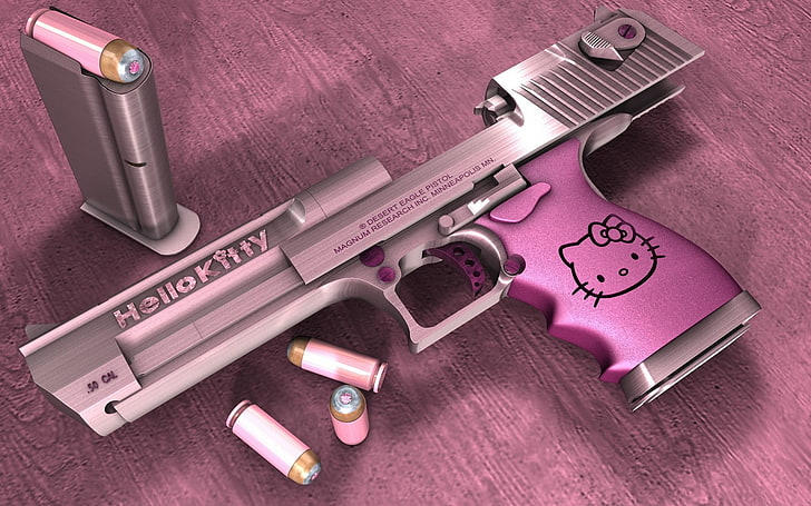 gray and pink Hello Kitty semi-automatic pistol, Desert Eagle, HD wallpaper