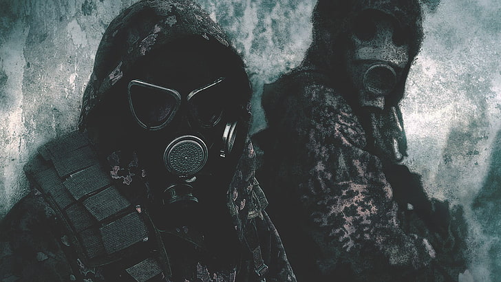 two person wearing gas masks digital wallpaper, real people, portrait
