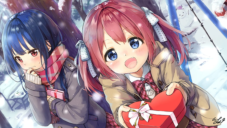anime girls, valentine's day 2018, chocolate, winter, scarf, HD wallpaper