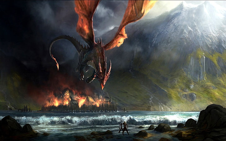 red dragon flying above body of water graphic wallpaper, fire