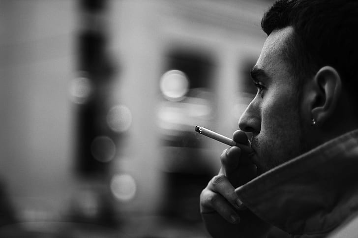 grayscale photo of man smoking cigarette, bw, unlimited, photos