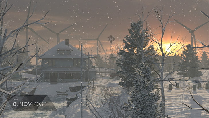 Detroit: Become Human, snow, sunset, Golden Hour, trees, windmill
