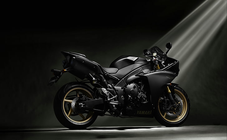 Yamaha YZF-R1 Black, black sports bike, Motorcycles, transportation