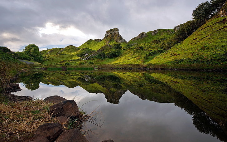 landscape, nature, Scotland, Skye, hills, reflection, UK, water