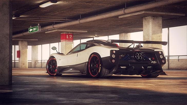 black and white sports car, Pagani Zonda, supercars, garages, HD wallpaper