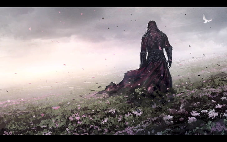 person with robes on flower field artwork, screen shot, fantasy art