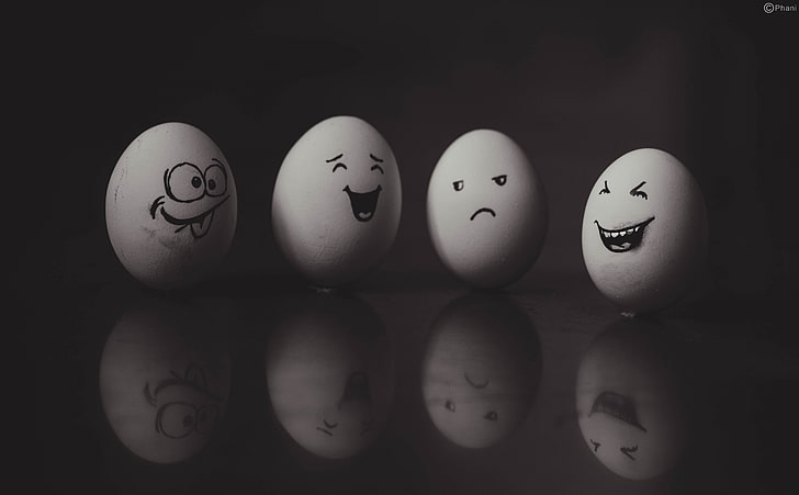 Funny Eggs 2, four white eggs illustration, cute, artistic, laugh, HD wallpaper