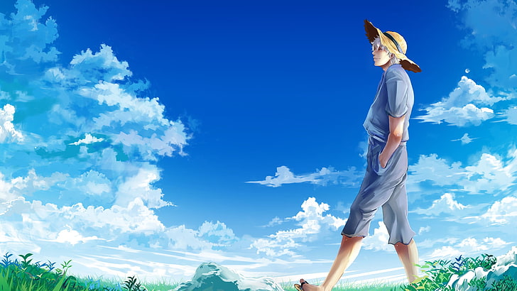 anime character on green grass under blue and white cloudy skyt