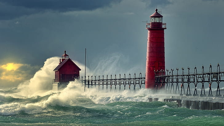 red lighthouse, wind wave, lake michigan, great lakes, united states, HD wallpaper