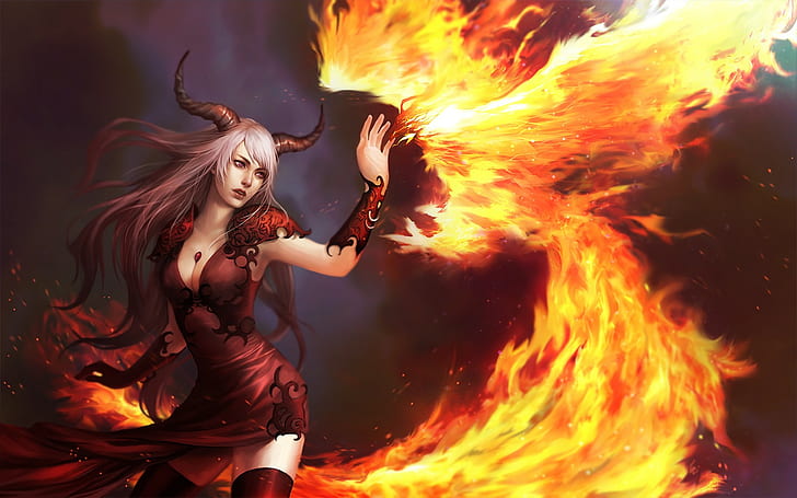 phoenix, fire, women, demoness, grey hair, horns, magic, fantasy girl, HD wallpaper