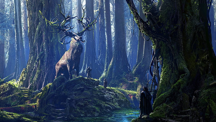 reindeer standing beside trees digital wallpaper, druids, stags