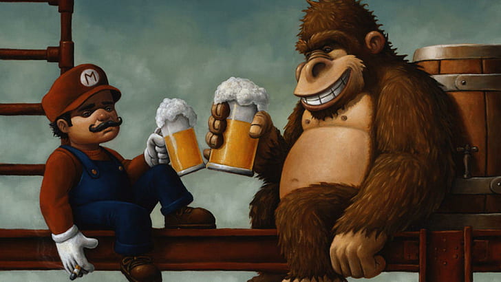 Donkey Kong and Mario drinking beer, mario and donkey kong photo, HD wallpaper