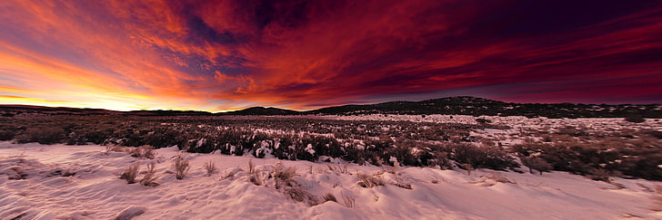 landscape, field, snow, sunset, winter, sky, nature, cloud - sky, HD wallpaper