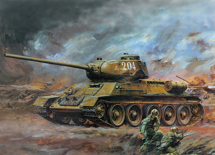 green battle tank illustration, art, T - 34 - 85, army, military