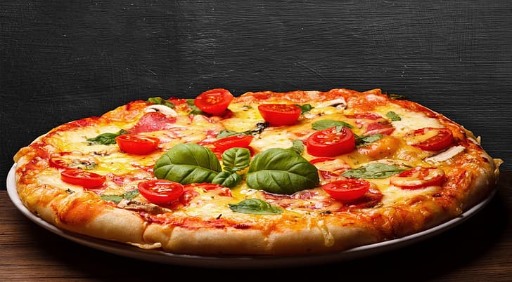 food, cheese, tomatoes, pizza, HD wallpaper