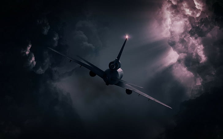 airplane, clouds, flying, lights, sky, cloud - sky, low angle view, HD wallpaper