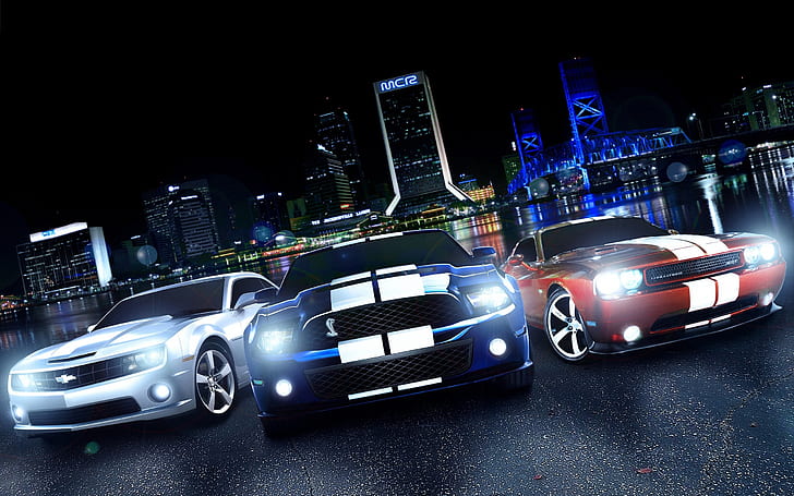 Chevrolet Camaro Ford Mustang Dodge Challenger SRT Cobra HD, blue ford mustang shelby gt 500; red dodge challenger; silver chevrolet camaro ss, HD wallpaper