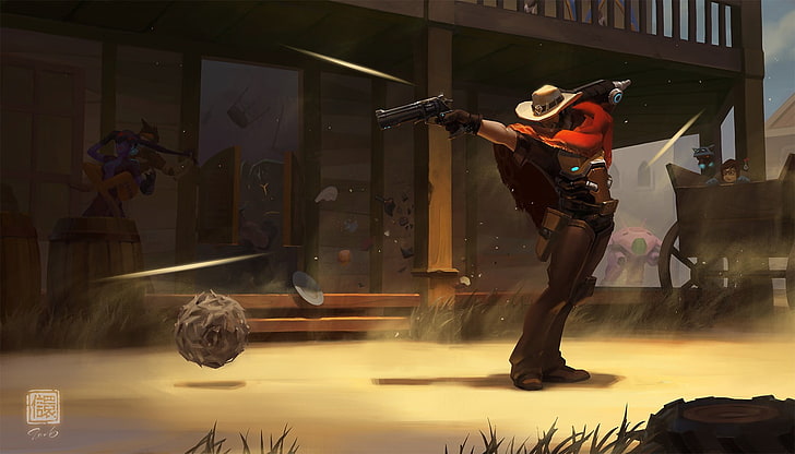 man holding gun illustration, Overwatch, McCree (Overwatch), Mcdaberoni