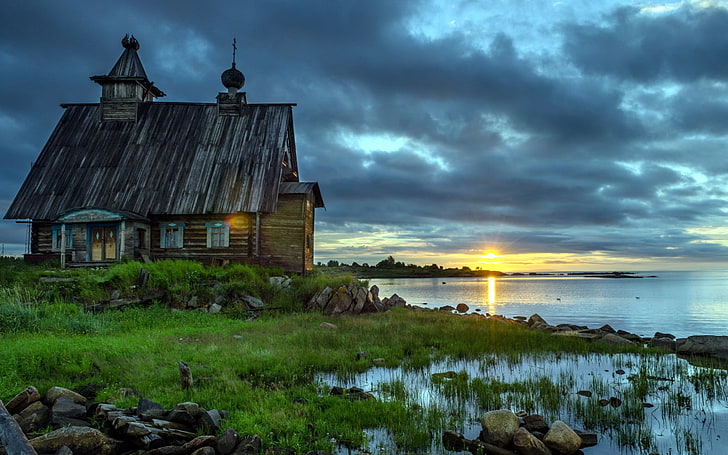 brown wooden house, nature, sunset, sky, water, cloud - sky, architecture
