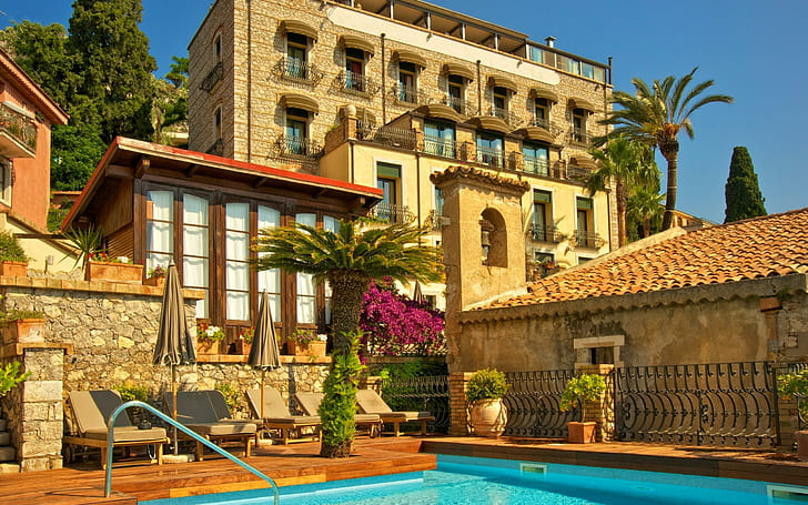 Beautiful Place, hotel, relax, sunny, resort, buildings, flowers, HD wallpaper
