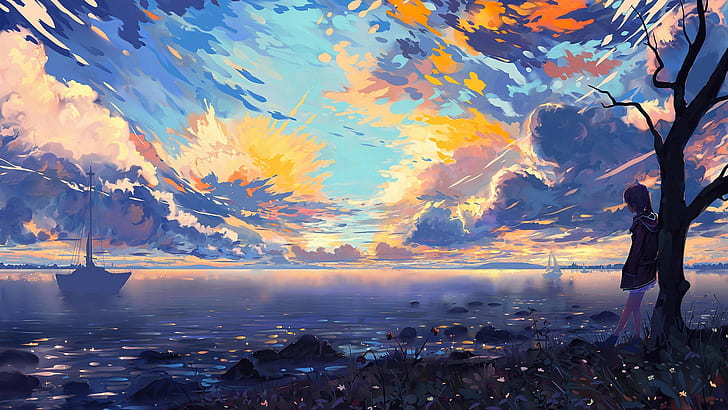 HD wallpaper: colorful, sky, clouds, lake, tree, mood, painting, digital  art