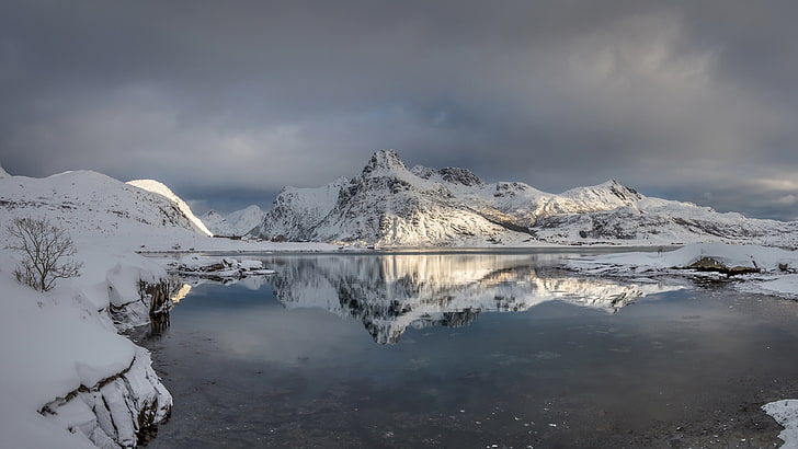 Norway, nature, reflection, snow, Lofoten, winter, mountain, HD wallpaper