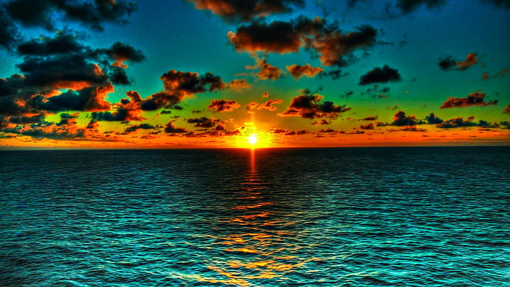 body of water during golden hour, sun, clouds, horizon, sea, colors