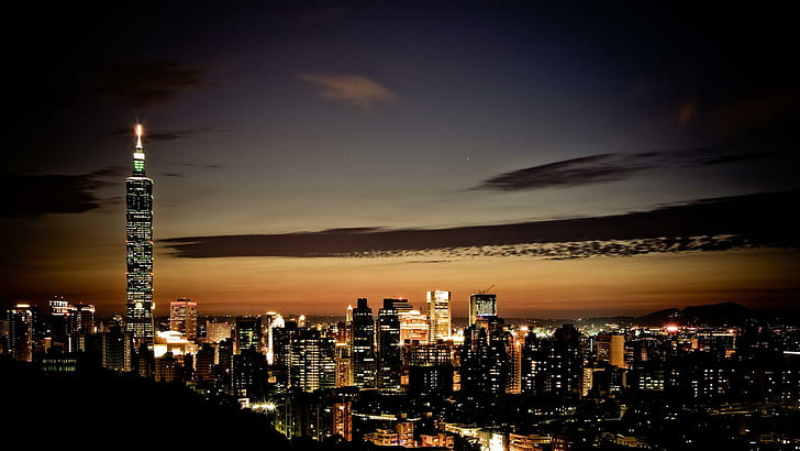Taipei, lights, architecture, skyline, beautiful, night, clouds, HD wallpaper