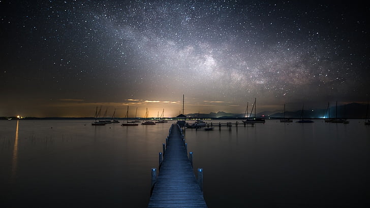 milky way, pier, dock, starry sky, night sky, lake, water, horizon