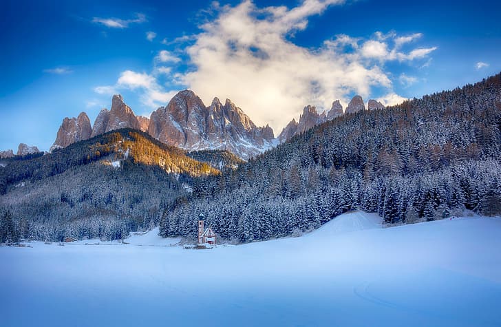 winter, forest, snow, mountains, Italy, Church, The Dolomites, HD wallpaper
