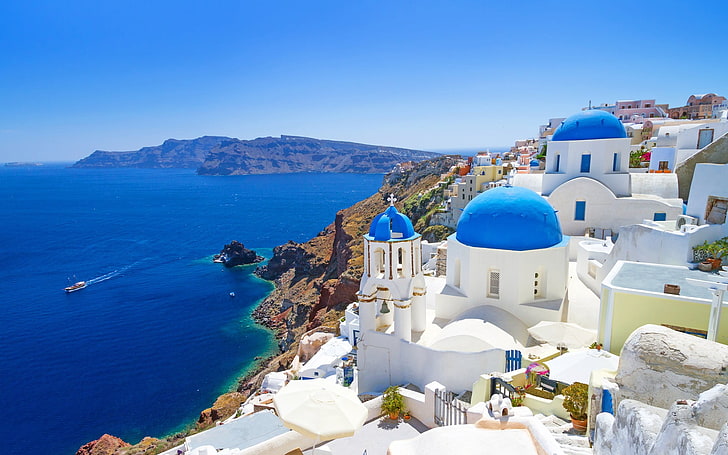 Santorini, Greece, landscape, nature, building exterior, blue, HD wallpaper