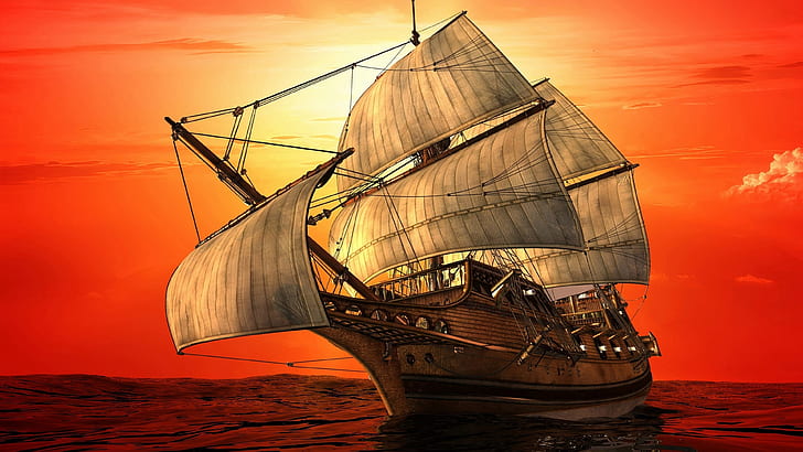 Ship With Sails Sea Sunset Red Sky Ultra Hd 4k Art Wallpapers Hd 3840×2160