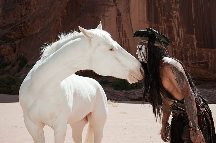 The Lone Ranger movie still, bird, Johnny Depp, horse, actor