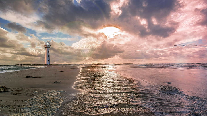 lighthouse, sea, sky, shore, cloud, horizon, ocean, water, coast, HD wallpaper