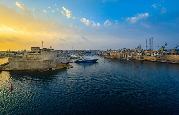 bay, fort, harbor, landmark, malta, maltese, marina, ship, sky, HD wallpaper