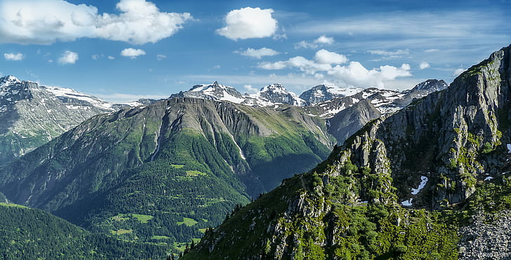 green mountains under white clouds, switzerland, switzerland, HD wallpaper