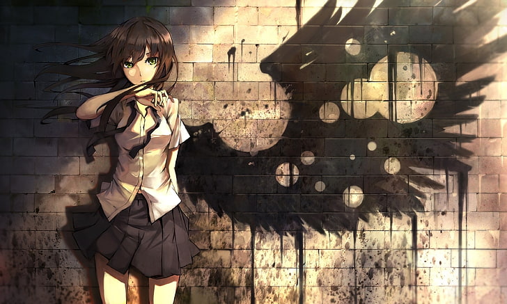 anime girls, wings, skirt, one person, real people, standing, HD wallpaper