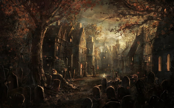 pumpkin, fantasy city, tombstones, Halloween, fantasy art, fall, HD wallpaper