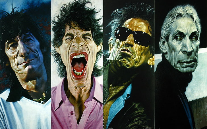 The Rolling Stones band, caricature, Mick Jagger, Keith Richards, HD wallpaper