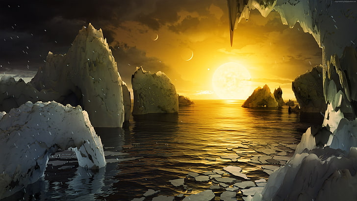 ice, ocean, TRAPPIST-1, exoplanet, water, sky, sea, sunset, HD wallpaper