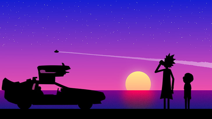 Rick and Morty by the sea wallpaper, sunset, Rick Sanchez, DeLorean