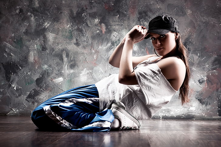 girl, pose, background, wall, flexibility, dance, t-shirt, cap